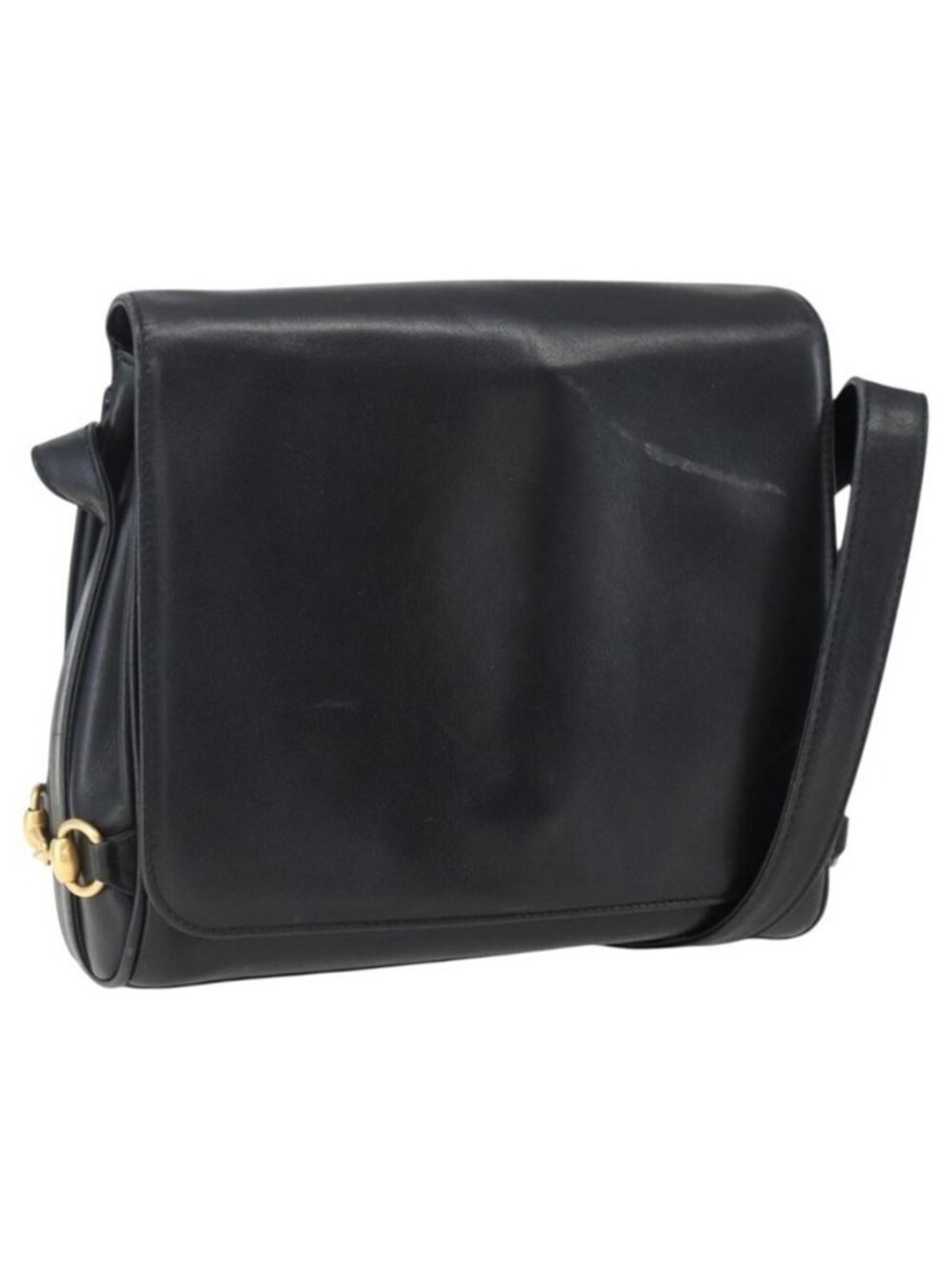 Authentic GUCCI Horsebit Shoulder Bag Leather Black Gold